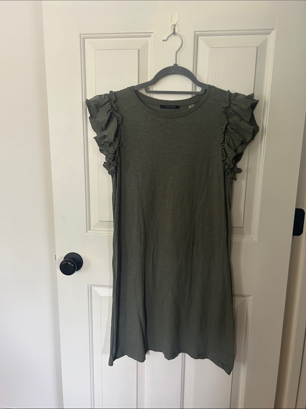 T Tahari Olive Green Ruffle Sleeve Dress